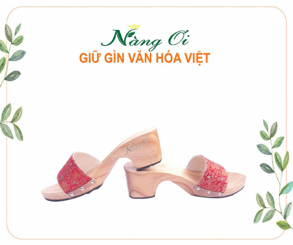 guốc gỗ cho nữ cao 7cm quai gấm đỏ nổi bật